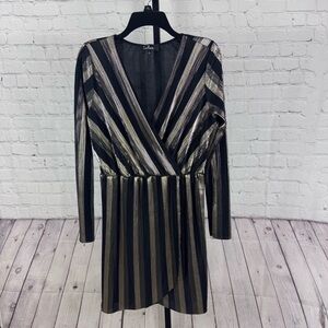 Lulu’s V.I.P. Party Gold and Black Striped Pleated Long Sleeve Dress Size Large